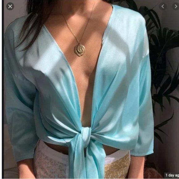 ⭐️ Nicole Satin Tie-Front Nylon Boho Peasant Hippie Hipster Classy Shabby Blouse - Picture 6 of 8